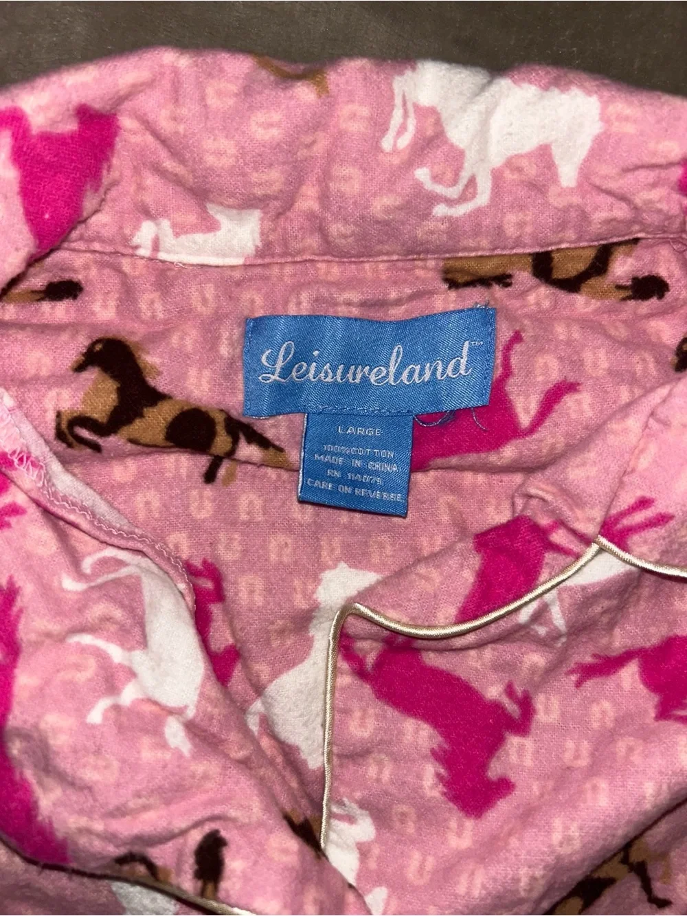 Women’s Pink Horse-Print Two-Piece Flannel Pajama Set Large
